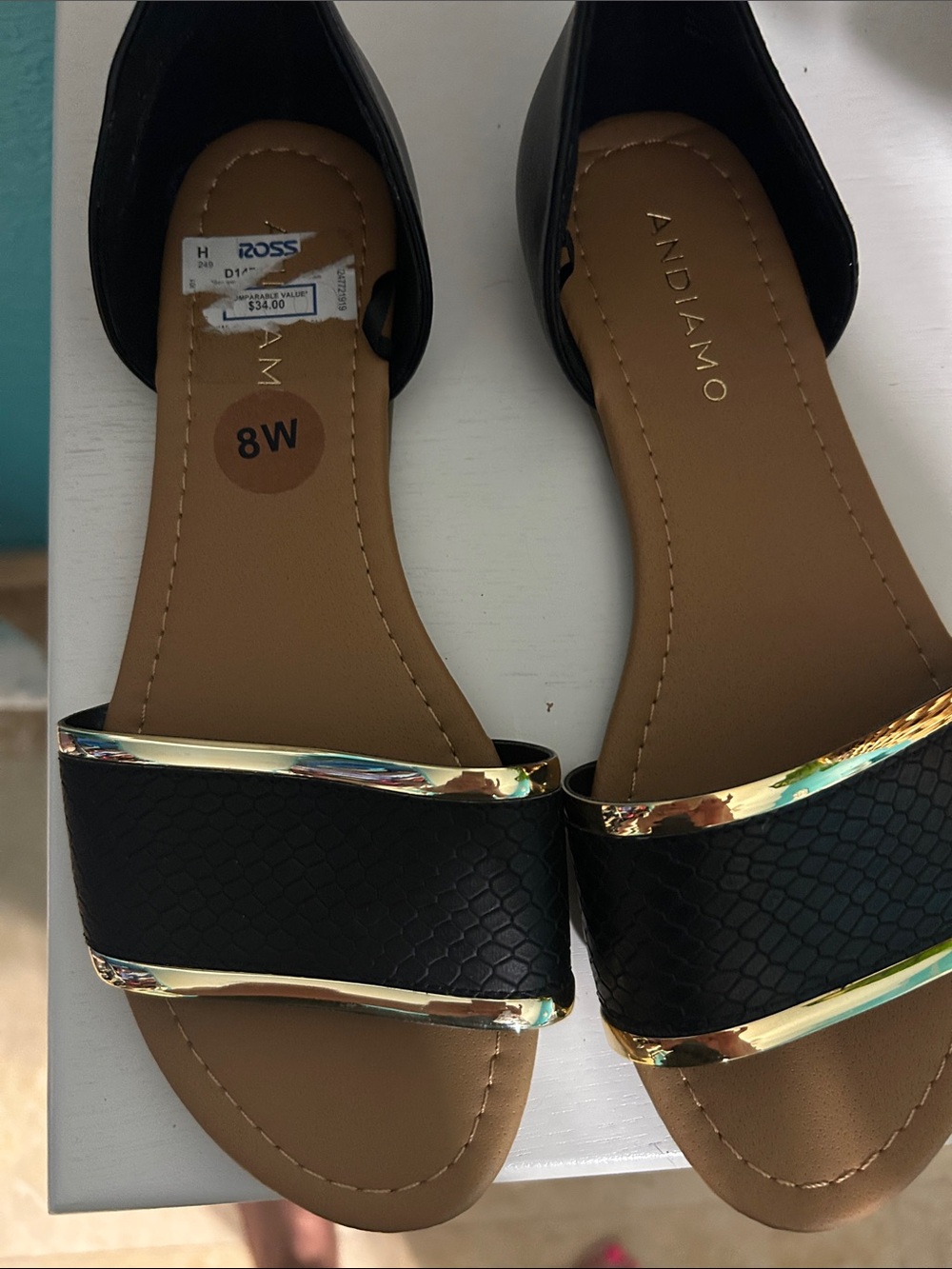 Women's Black Slide Sandals with Gold Trim